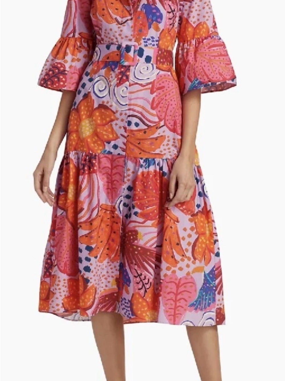 Farm Rio Size M Vibrant Pink & Orange Floral Midi Dress - Picture 2 of 8